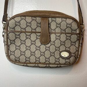 Gucci Plus monogram print coated canvas with leather strap crossbody bag